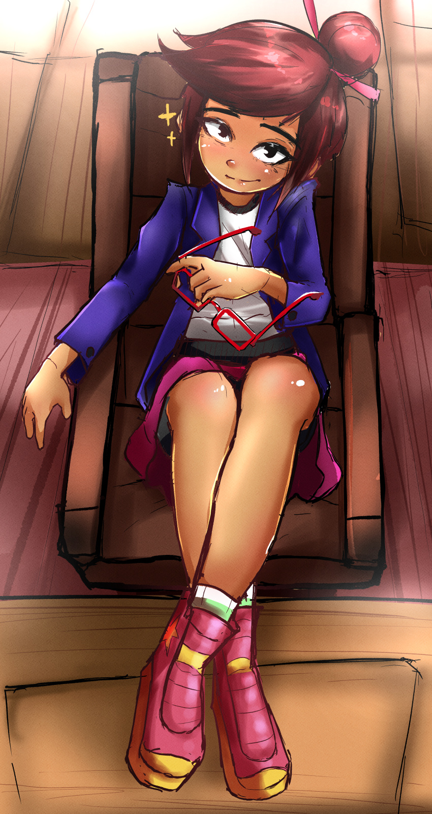 1girl, absurdres, blush, brown_eyes, brown_hair, chair, chinmissouri, closed_mouth