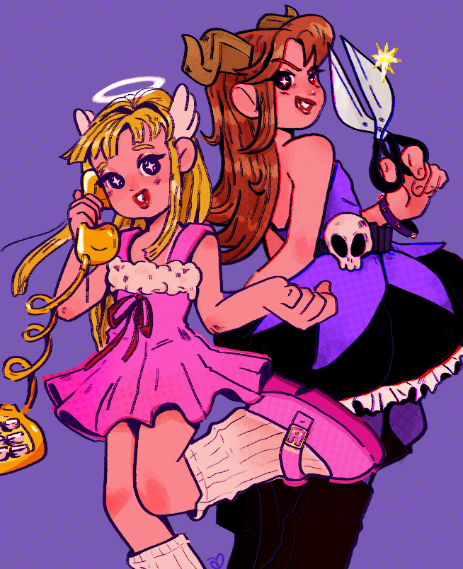 2girls, angel, angel_(devilish_hairdresser), angel_and_devil, aowhli, blonde_hair, bracelet, demon_girl, demon_horns, devil_(devilish_hairdresser), devilish_hairdresser, dress, fur-trimmed_dress, fur_trim, halo, head_wings, holding, holding_scissors, horns, jewelry, long_hair, looking_at_viewer, multiple_girls, pink_dress, scissors, skull_ornament, smile, spiked_bracelet, spikes, wings