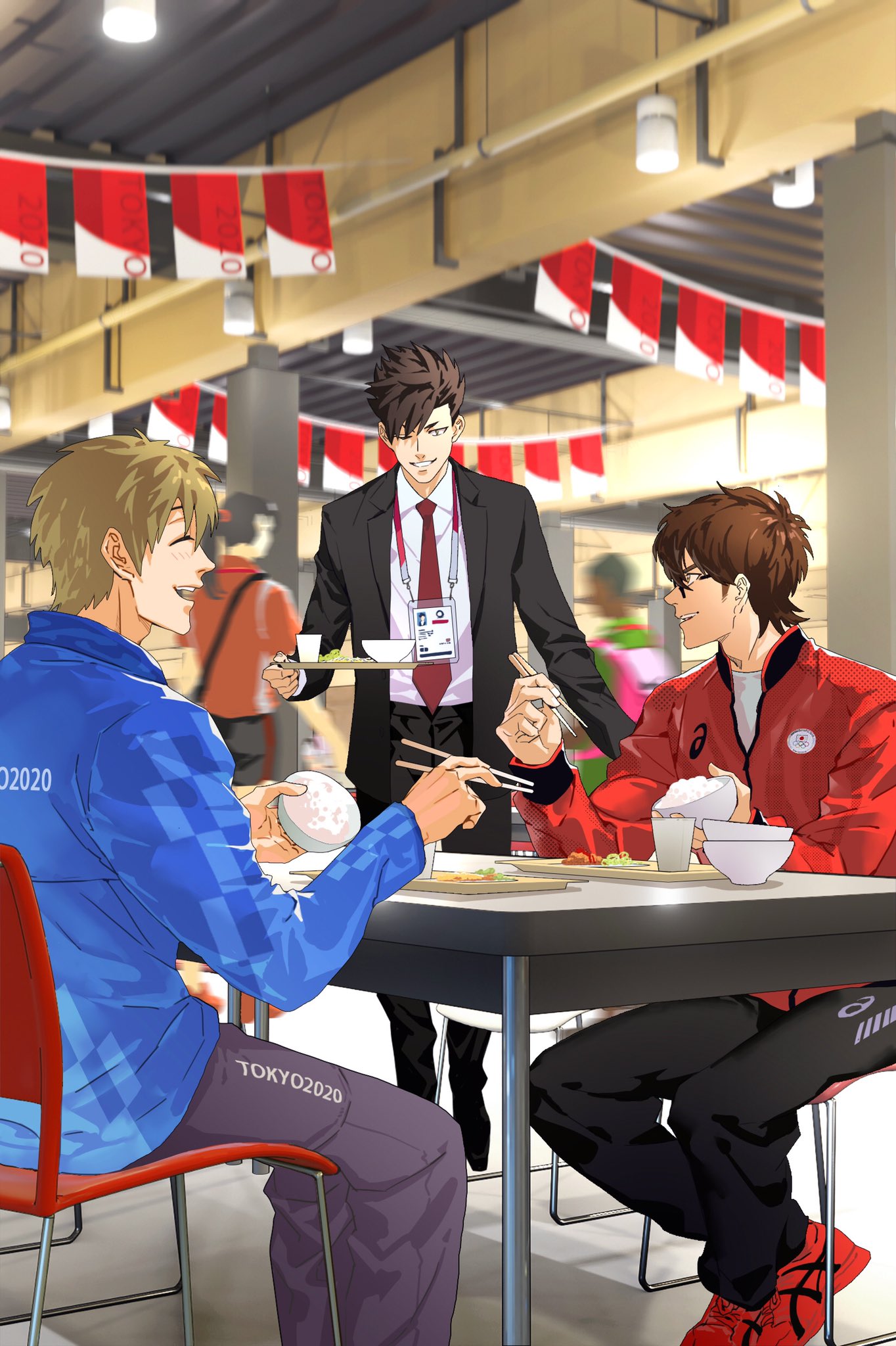 2020_summer_olympics, 3boys, ace_of_diamond, asics, black_footwear, black_hair, black_pants, blonde_hair