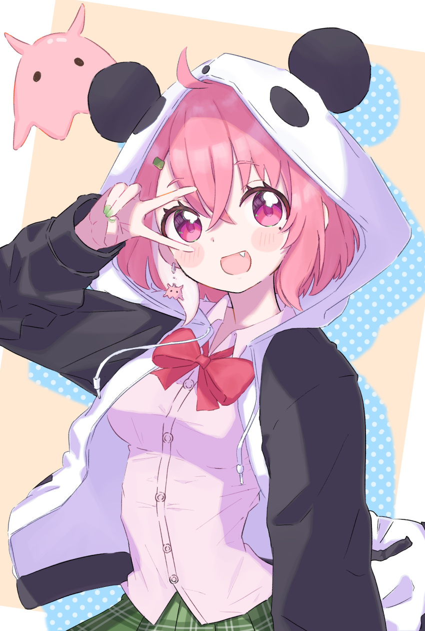 1girl, absurdres, ahoge, animal_hood, bow, bowtie, collared_shirt, earrings