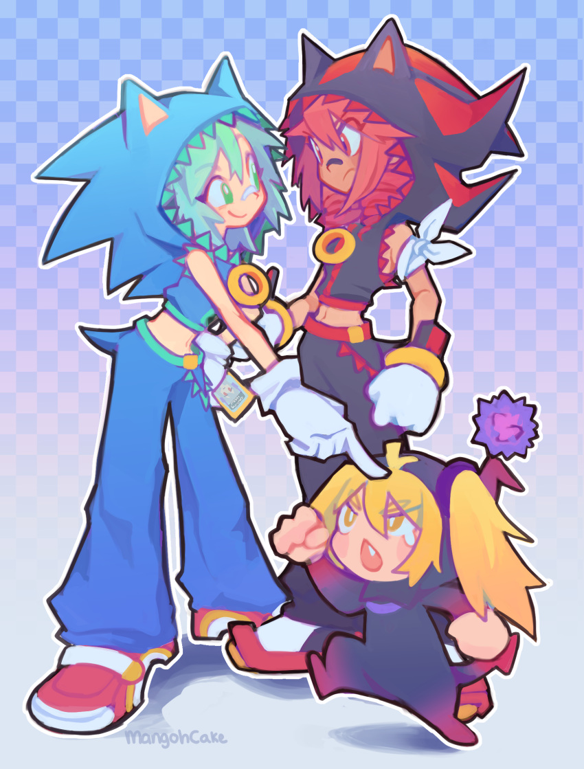 3girls, akita_neru, aqua_hair, blonde_hair, chao_(sonic), cosplay, crop_top, cropped_hoodie