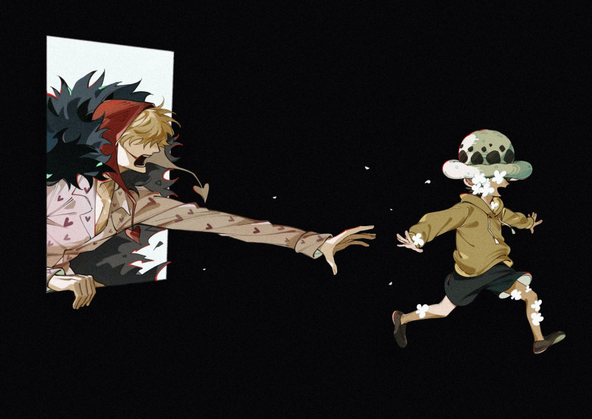 2boys, black_background, black_shorts, blonde_hair, child, covered_eyes, donquixote_rocinante, feather_cape