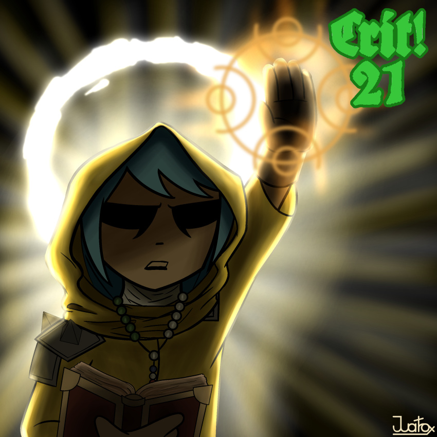 1girl, absurdres, armor, blue_hair, catholic, commentary, darkest_dungeon, habit