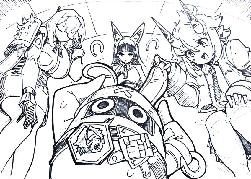 3girls, animal_ears, asaba_harumasa, asaba_harumasa_bangboo, blunt_bangs, ceiling, closed_mouth, cowboy_shot