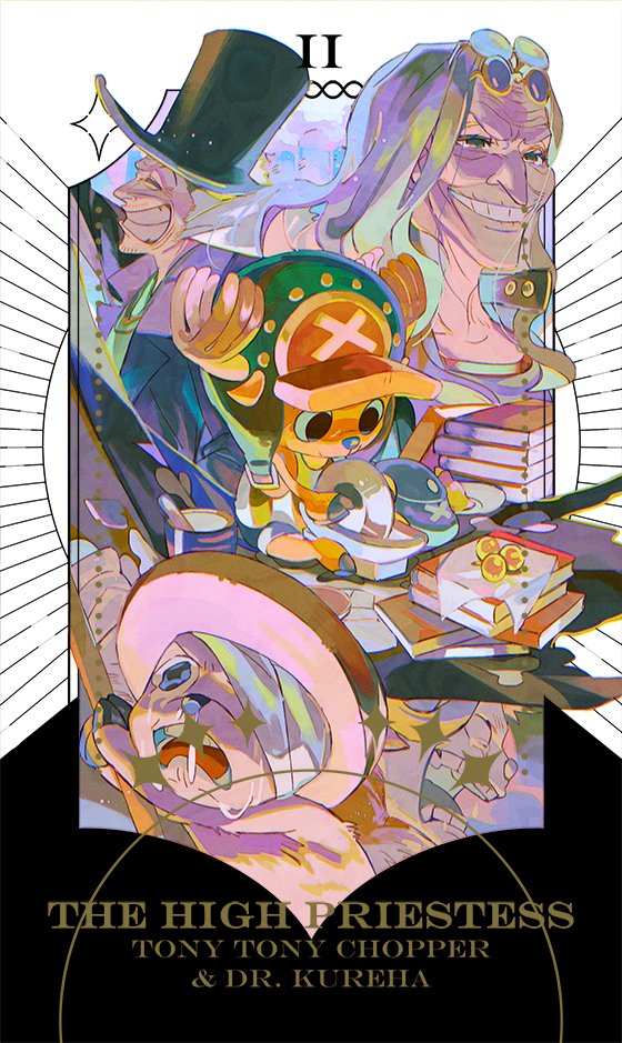 1girl, 2boys, ^_^, antlers, bandage_over_one_eye, black_hat, book, character_name