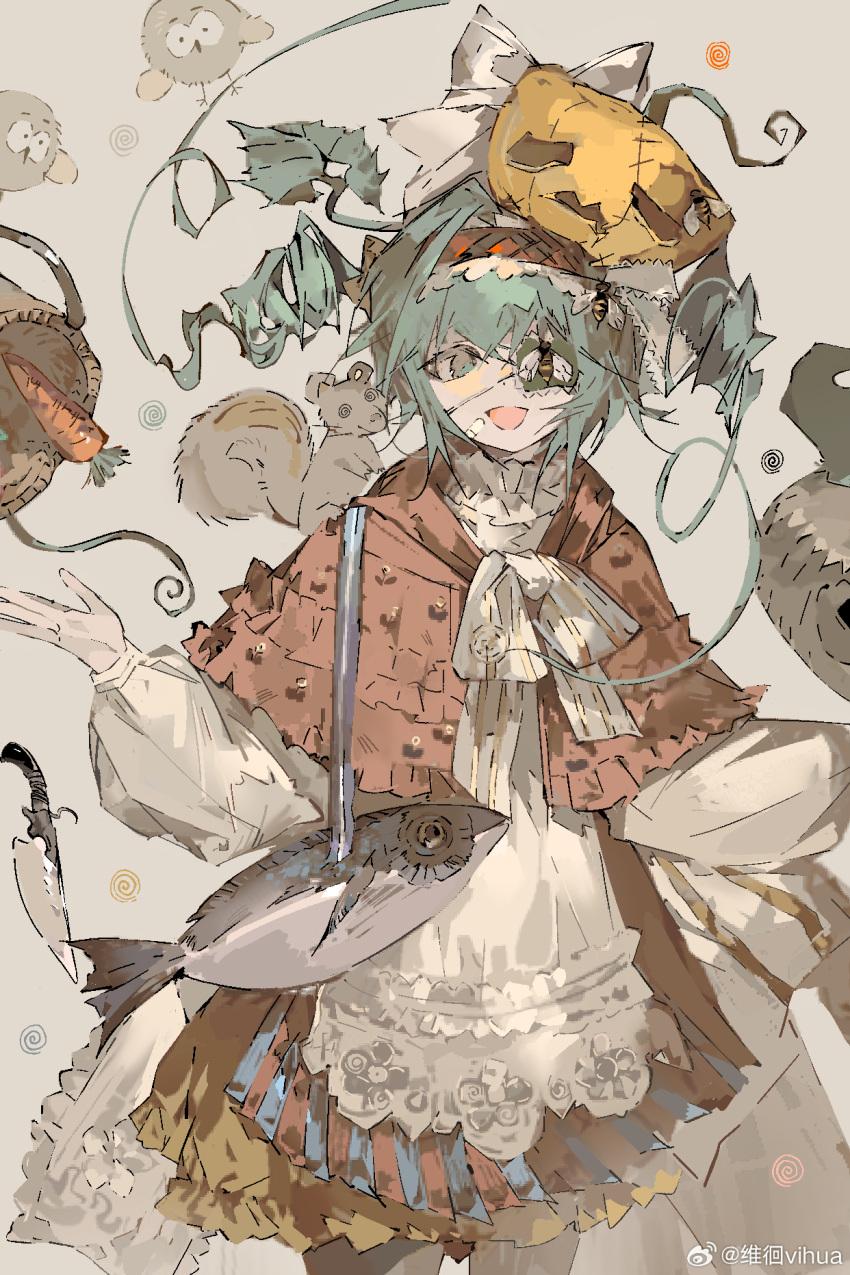 1girl, animal_on_shoulder, apron, aqua_eyes, aqua_hair, bandaid, bandaid_on_cheek, bandaid_on_face