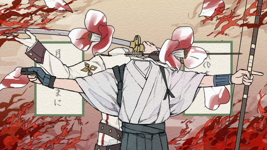 2boys, ace_attorney, bow_(weapon), coat, crossed_belts, drawing_bow, falling_petals, fire