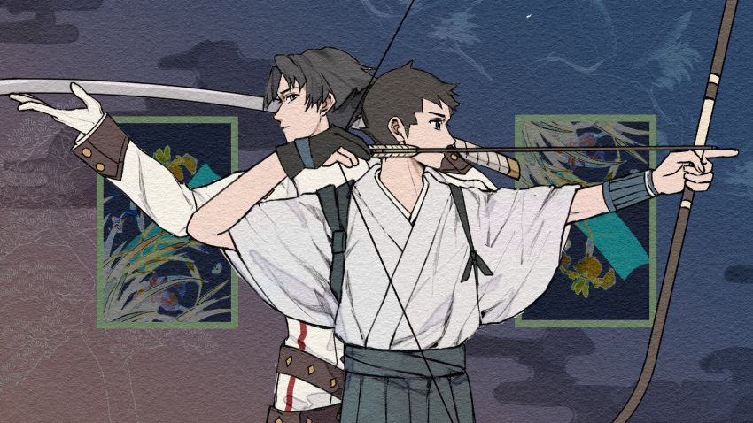 2boys, ace_attorney, black_hair, bow_(weapon), coat, crossed_belts, drawing_bow, floral_background