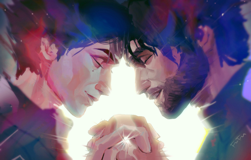 2boys, absurdres, arcane:_league_of_legends, arcane_jayce, arcane_viktor, beard, black_hair, black_shirt