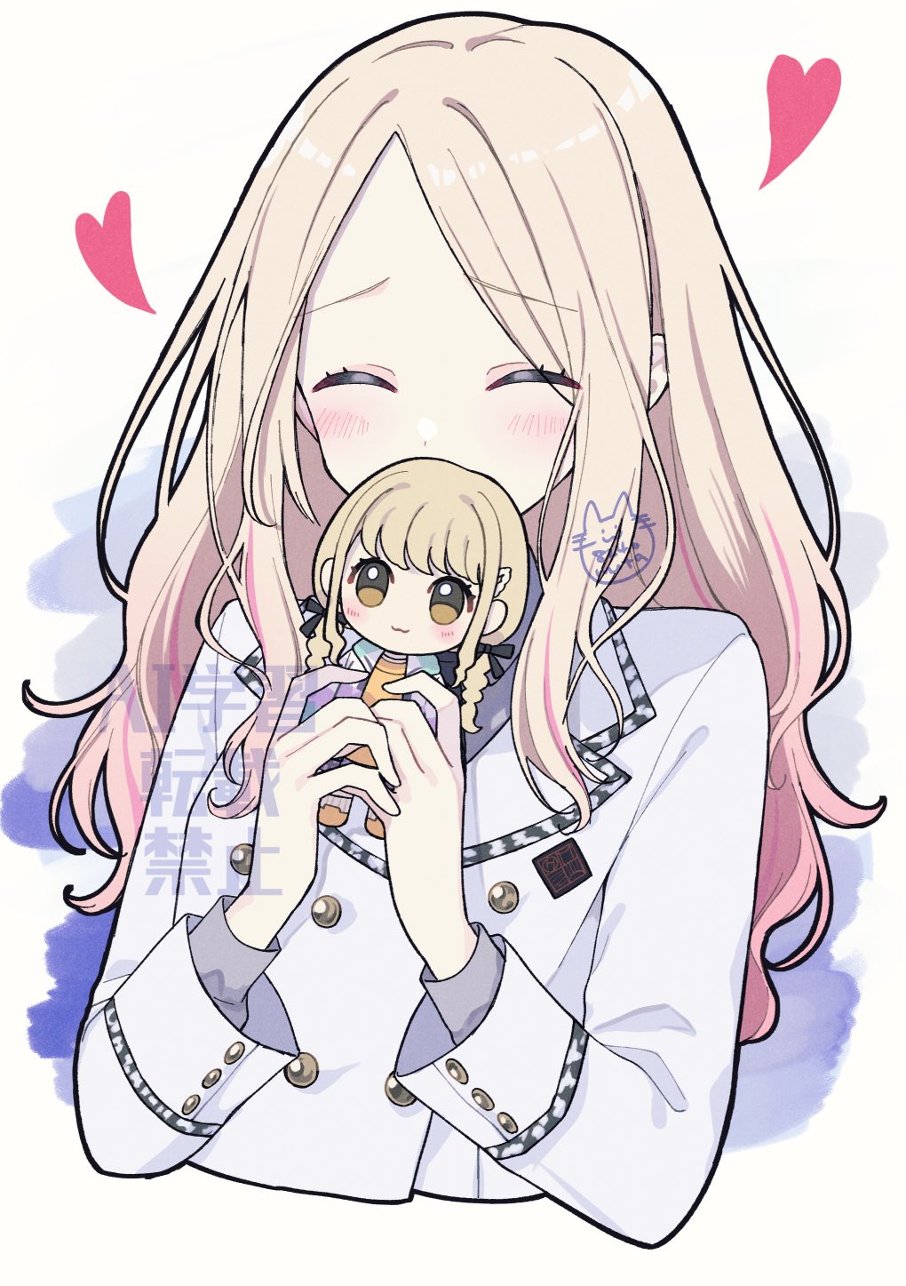 1girl, ^_^, blonde_hair, blush, character_doll, closed_eyes, commentary_request, cropped_torso