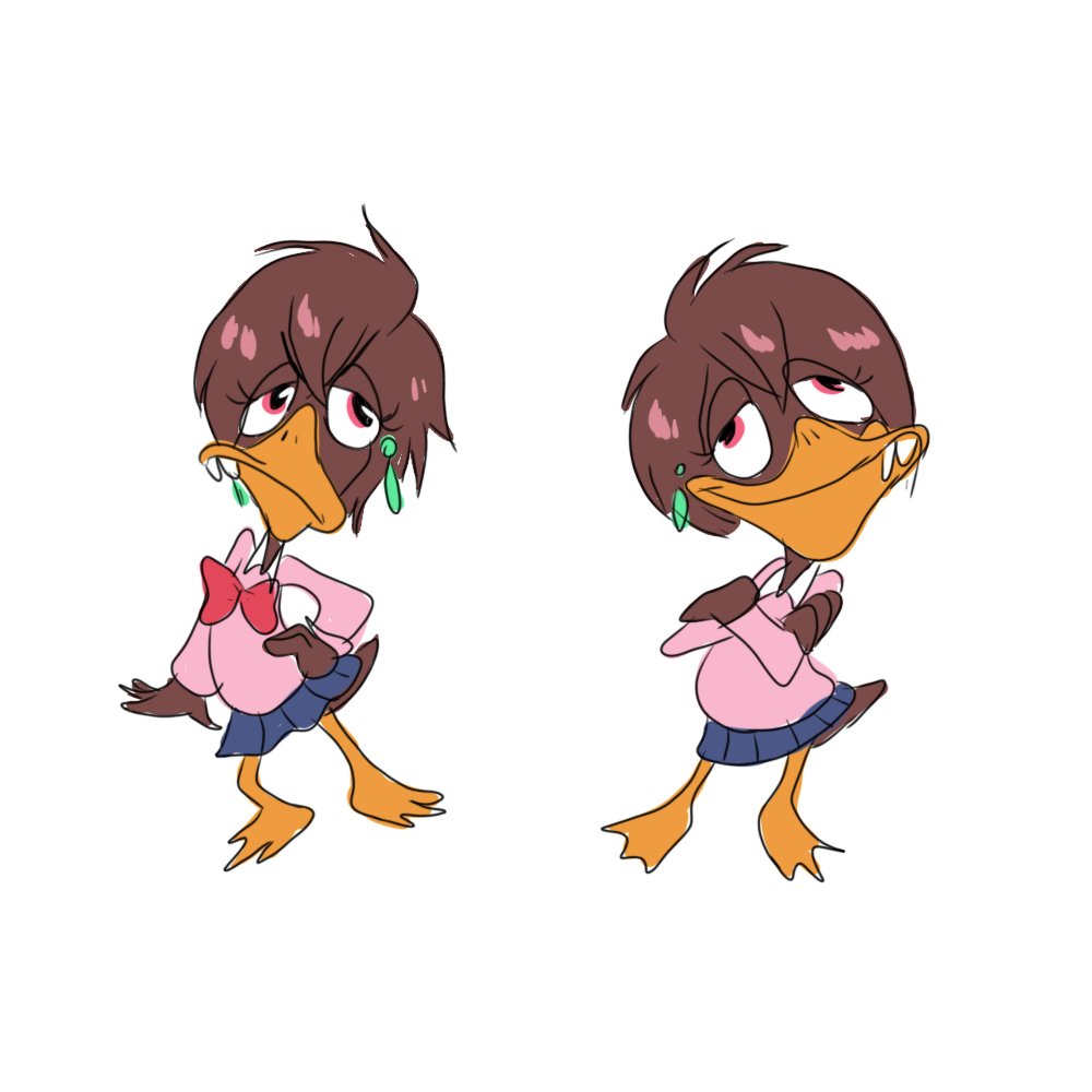 abby_mallard, alissondguilhe1, ayase_momo, bird, brown_hair, chicken_little, copyright_request, dandadan, duck, earrings, furry, furry_female, jewelry, parody, school_uniform, simple_background, solo