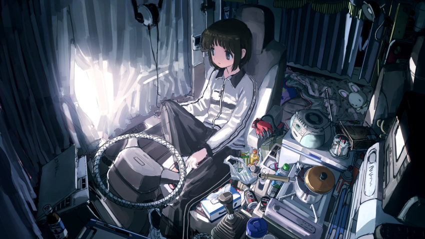1girl, anbiyori, black_eyes, brown_hair, closed_mouth, collared_jacket, computer, curtains