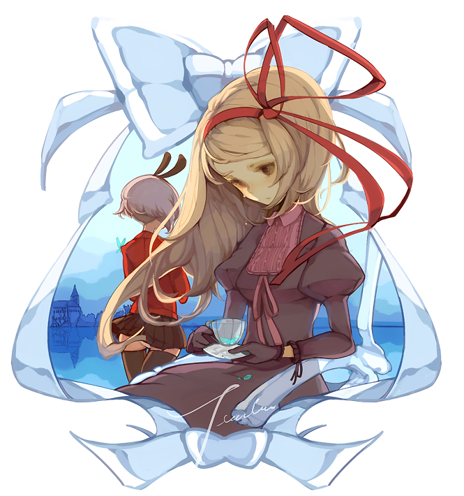 blonde_hair, cup, dress, gloves, hair_ornament, hair_ribbon, long_hair, multiple_girls