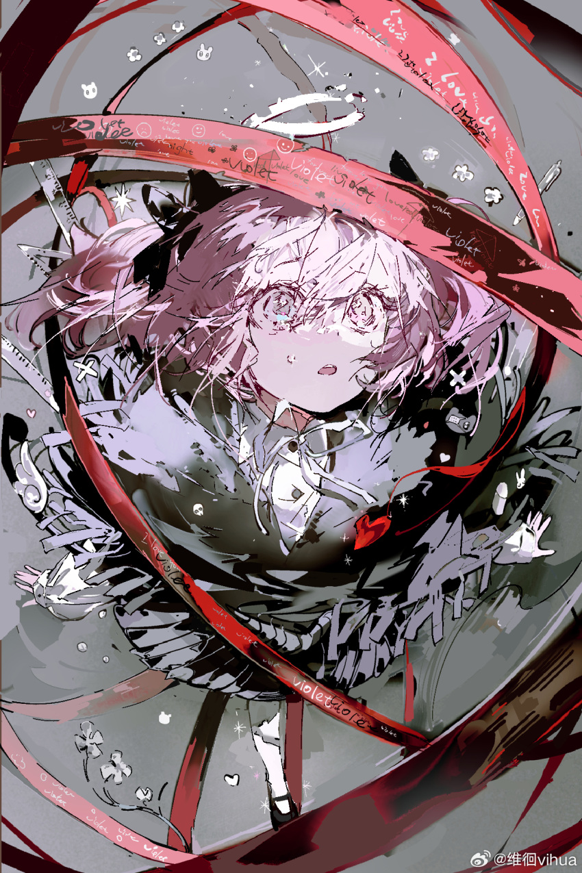 1girl, black_bow, black_footwear, black_poncho, black_skirt, bow, broken_halo, buttons, chinese_commentary, collared_shirt, commentary_request, dated, dress_shirt, eyelashes, floating_clothes, floating_hair, flower, fringe_trim, from_above, full_body, grey_background, hair_between_eyes, hair_bow, halo, highres, light_particles, long_sleeves, looking_ahead, mary_janes, miniskirt, open_mouth, original, pantyhose, pill, pink_eyes, pink_hair, pleated_skirt, red_ribbon, ribbon, shirt, shoes, signature, skirt, solo, sparkle, sweatdrop, teeth, traditional_halo, upper_teeth_only, vihua6, weibo_watermark, white_flower, white_halo, white_pantyhose, white_shirt