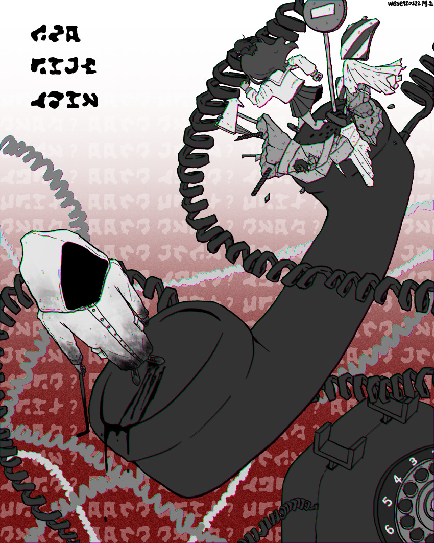 2girls, absurdres, antique_phone, blood, blood_on_clothes, chinese_commentary, commentary_request, crowbar, dual_persona, gradient_background, greyscale_with_colored_background, heroine_(homicipher), highres, holding, holding_crowbar, homicipher, hood, hood_up, long_hair, multiple_girls, phone, raincoat, red_background, road_sign, rotary_phone, running, school_uniform, serafuku, sign, standing, west920522