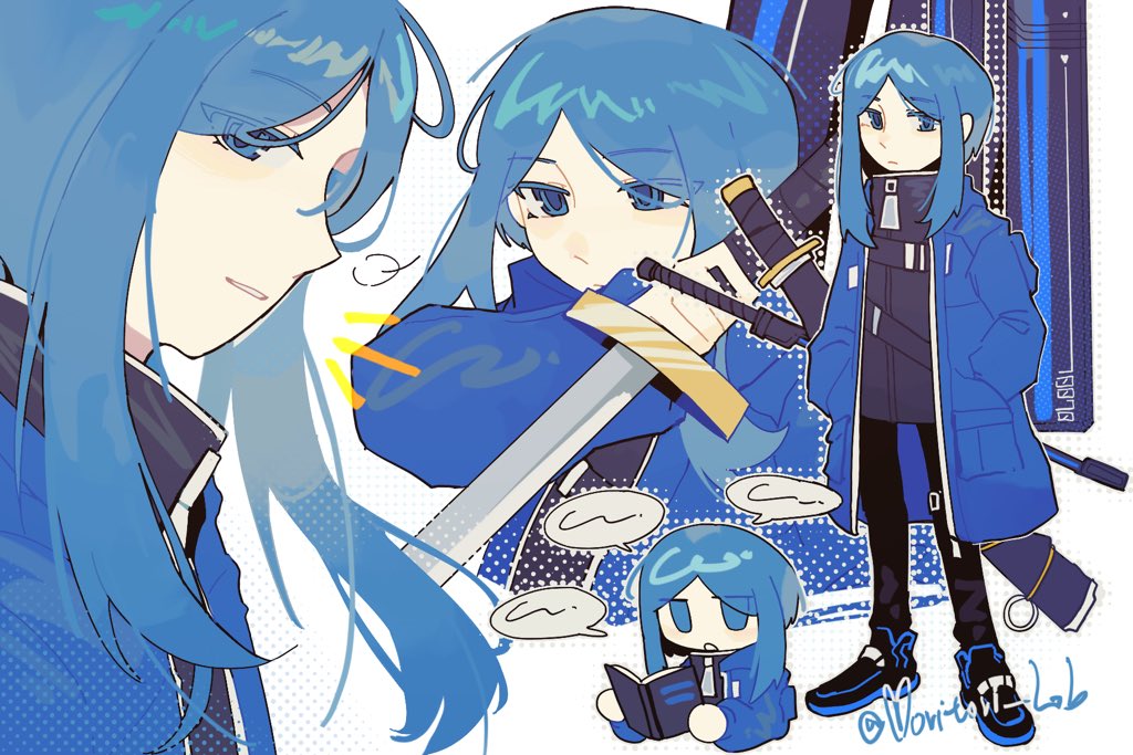 1girl, bari_(project_moon), black_fire, black_jacket, black_pants, blue_eyes, blue_hair, fire