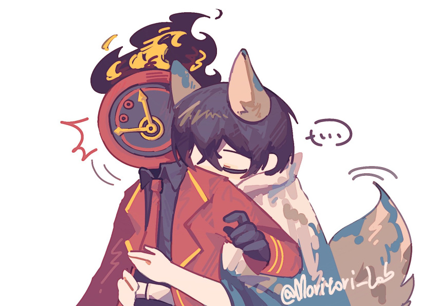..., 1boy, 1other, animal_ears, black_gloves, cloak, clock, closed_eyes
