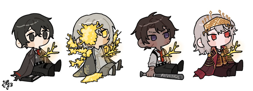 1girl, 3boys, brown_hair, chibi, collared_shirt, cryung9913, dark-skinned_male, dark_skin, dongbaek_(project_moon), e.g.o_(project_moon), flower, flower_over_eye, golden_bough_(limbus_company), hanbok, heathcliff_(project_moon), id_card, korean_clothes, la_manchaland's_don_quixote_(project_moon), limbus_company, multiple_boys, necktie, parted_bangs, project_moon, red_eyes, red_necktie, shirt, short_hair, sitting, spicebush_(e.g.o), violet_eyes, white_hair, white_shirt, yellow_eyes, yellow_flower, yi_sang_(project_moon)