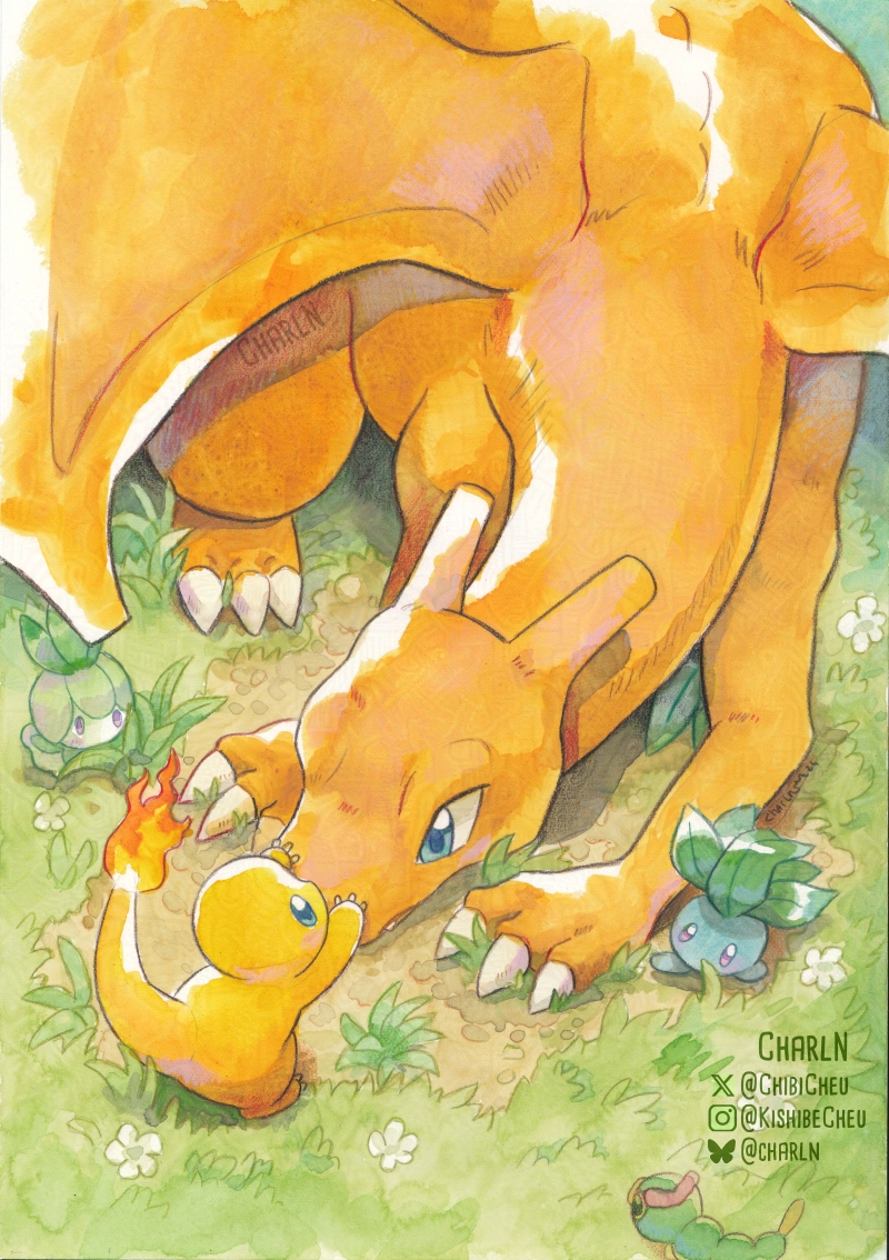 artist_name, blue_eyes, blush, caterpie, charizard, charmander, chibicheu, claws, commentary, english_commentary, fire, flower, grass, horns, lying, no_humans, oddish, petilil, pink_eyes, pokemon, pokemon_(creature), wings