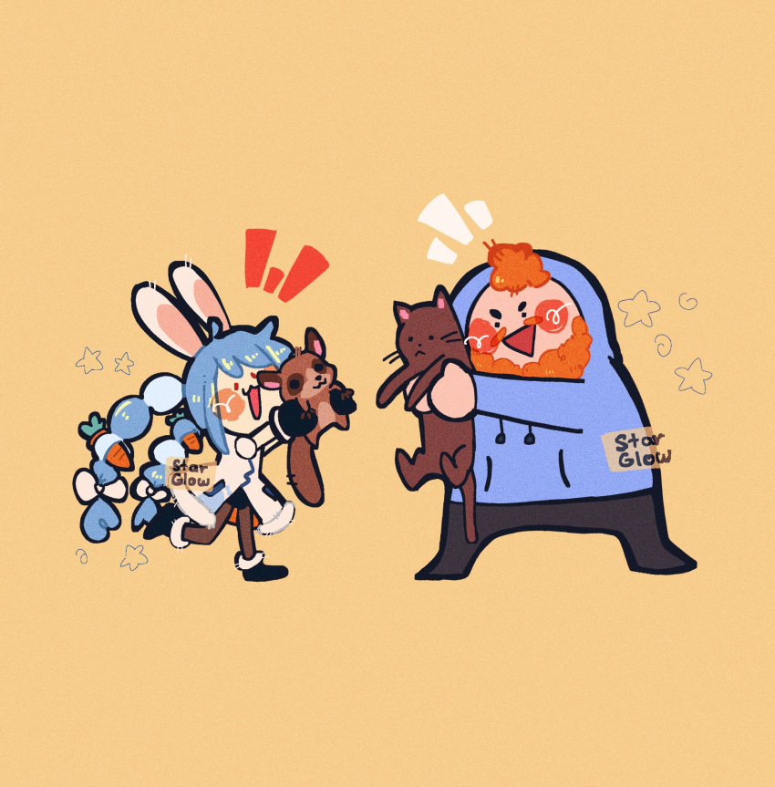 1boy, 1girl, :3, animal, animal_ears, beard, blue_hair, blue_hoodie