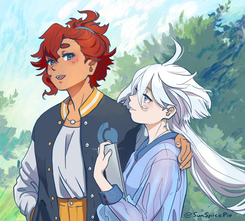 2girls, ahoge, alternate_breast_size, artist_name, blazer, blue_eyes, blue_sky, clouds