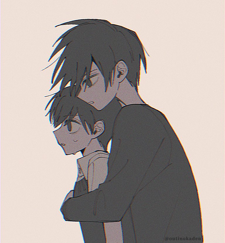 2boys, collared_shirt, from_side, greyscale, hero_(faraway)_(omori), hero_(omori), hug, hug_from_behind