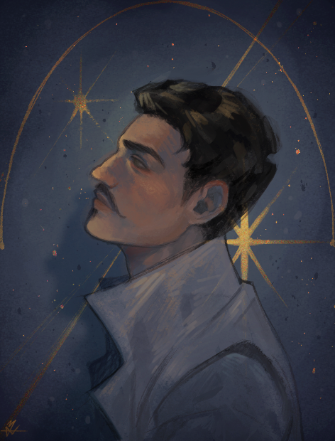 1boy, black_hair, brown_eyes, collared_shirt, dark-skinned_male, dark_skin, dorian_pavus, dragon_age, dragon_age:_inquisition, facial_hair, goatee, looking_up, m4hlm4, male_focus, mustache, popped_collar, profile, shirt, short_hair, solo, upper_body, white_shirt