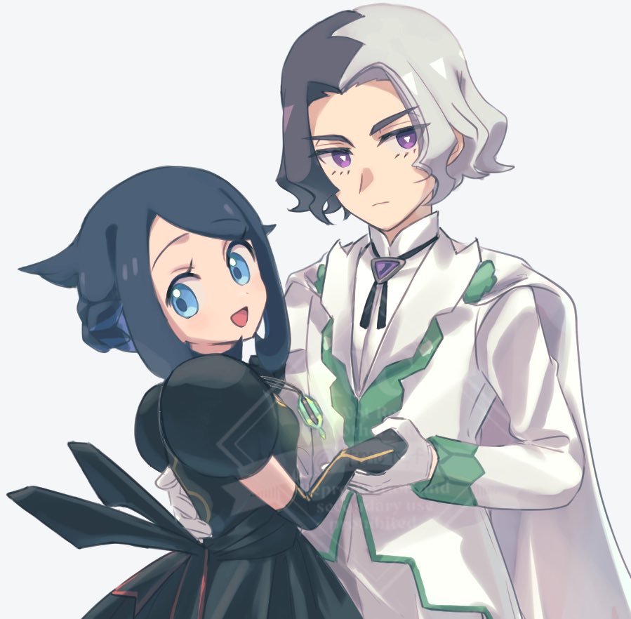 1boy, 1girl, :d, alternate_costume, amethio_(pokemon), black_dress, black_gloves, black_hair