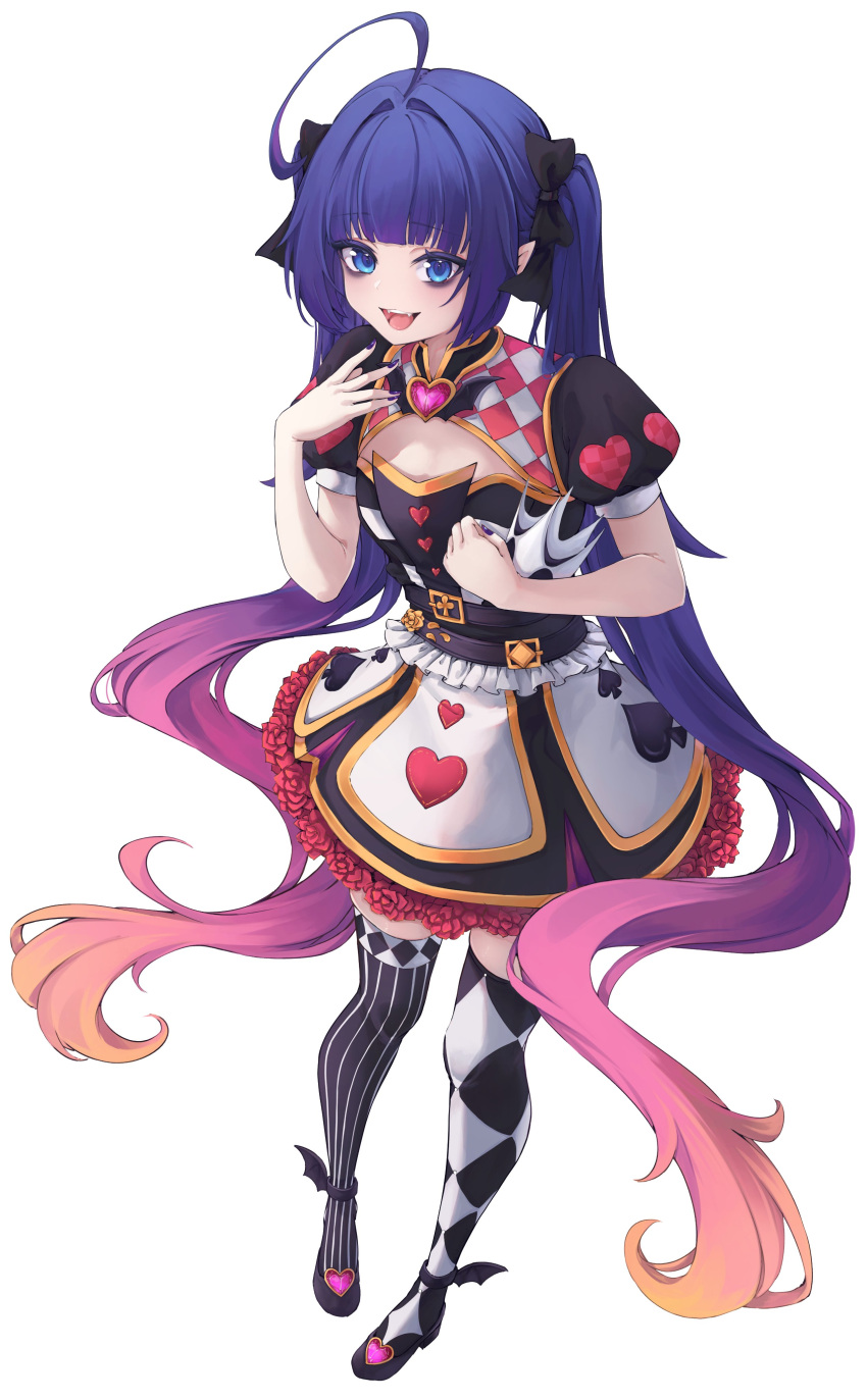 1girl, absurdres, ahoge, ankle_wings, asymmetrical_legwear, bags_under_eyes, bat_wings, belt