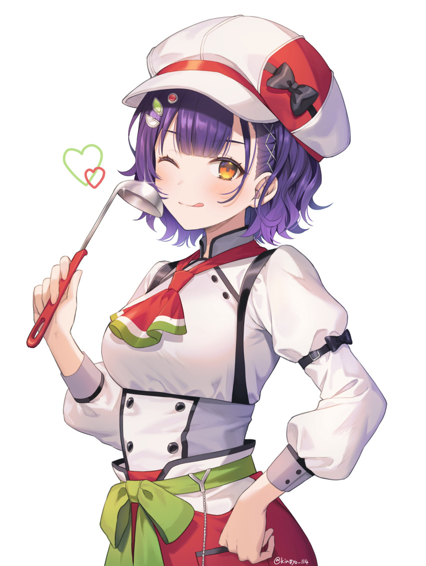 1girl, ;p, absurdres, beret, blunt_bangs, blush, buttons, double-breasted, hair_ornament, hairclip, hand_on_own_hip, hat, heart, highres, holding, holding_ladle, kingyo_114, ladle, licking_lips, looking_at_viewer, multicolored_hat, nanase_suzuna, neckerchief, nijisanji, one_eye_closed, orange_eyes, purple_hair, red_hat, red_neckerchief, shirt, short_hair, signature, simple_background, solo, suspenders, tongue, tongue_out, virtual_youtuber, white_background, white_shirt, x_hair_ornament