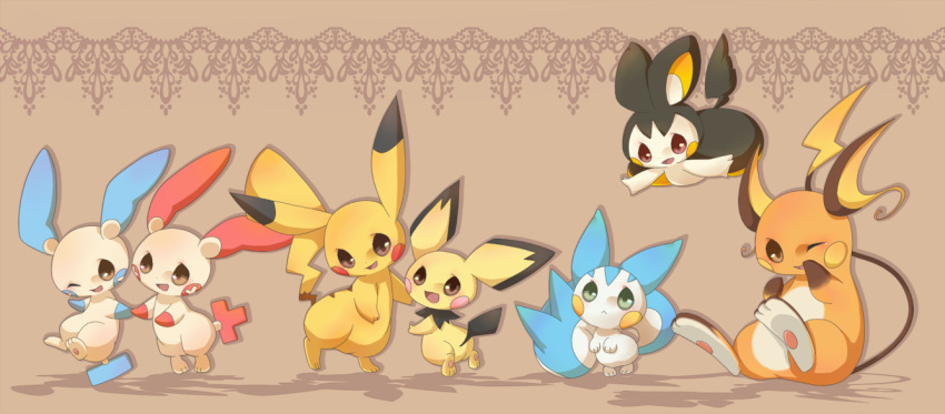 animal_focus, brown_eyes, commentary_request, emolga, evolutionary_line, full_body, green_eyes, minun