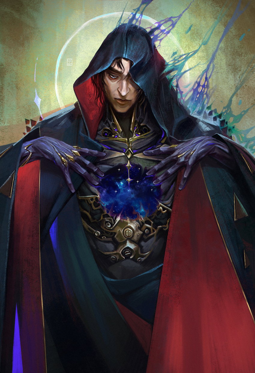 1boy, arcane:_league_of_legends, brown_hair, galaxy, league_of_legends, lizzart-zardonicz, purple_hands, robe, viktor_(league_of_legends)