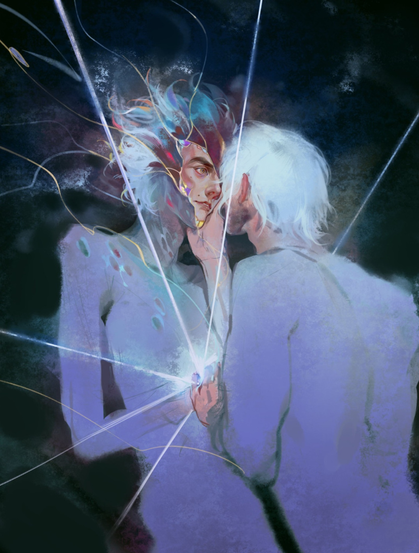 2boys, arcane:_league_of_legends, caressing_cheek, holding_hands, jayce_(league_of_legends), league_of_legends, vats9_9, viktor_(league_of_legends), white_hair