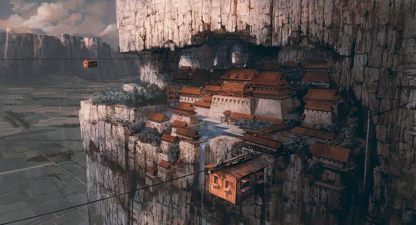 architecture, building, cable_car, cliff, clouds, east_asian_architecture, lantern, no_humans