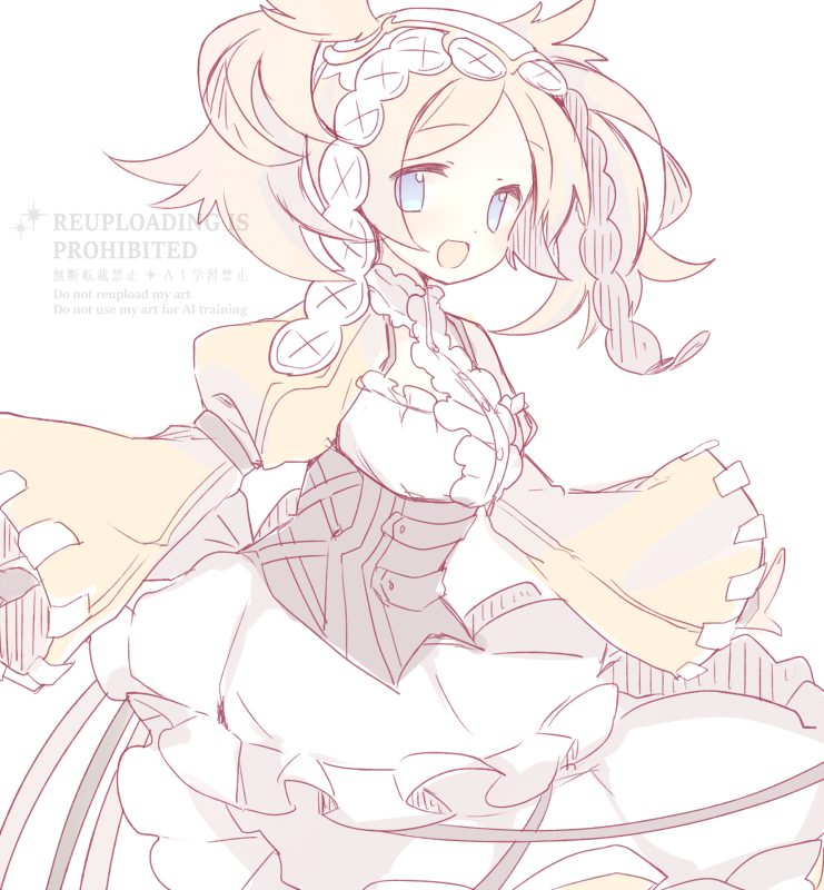 1girl, :d, blonde_hair, blue_eyes, brown_corset, corset, fire_emblem, fire_emblem_awakening, headdress, lissa_(fire_emblem), long_sleeves, looking_at_viewer, open_mouth, parted_bangs, smile, solo, suikaoishisugi, twintails, white_background, wide_sleeves