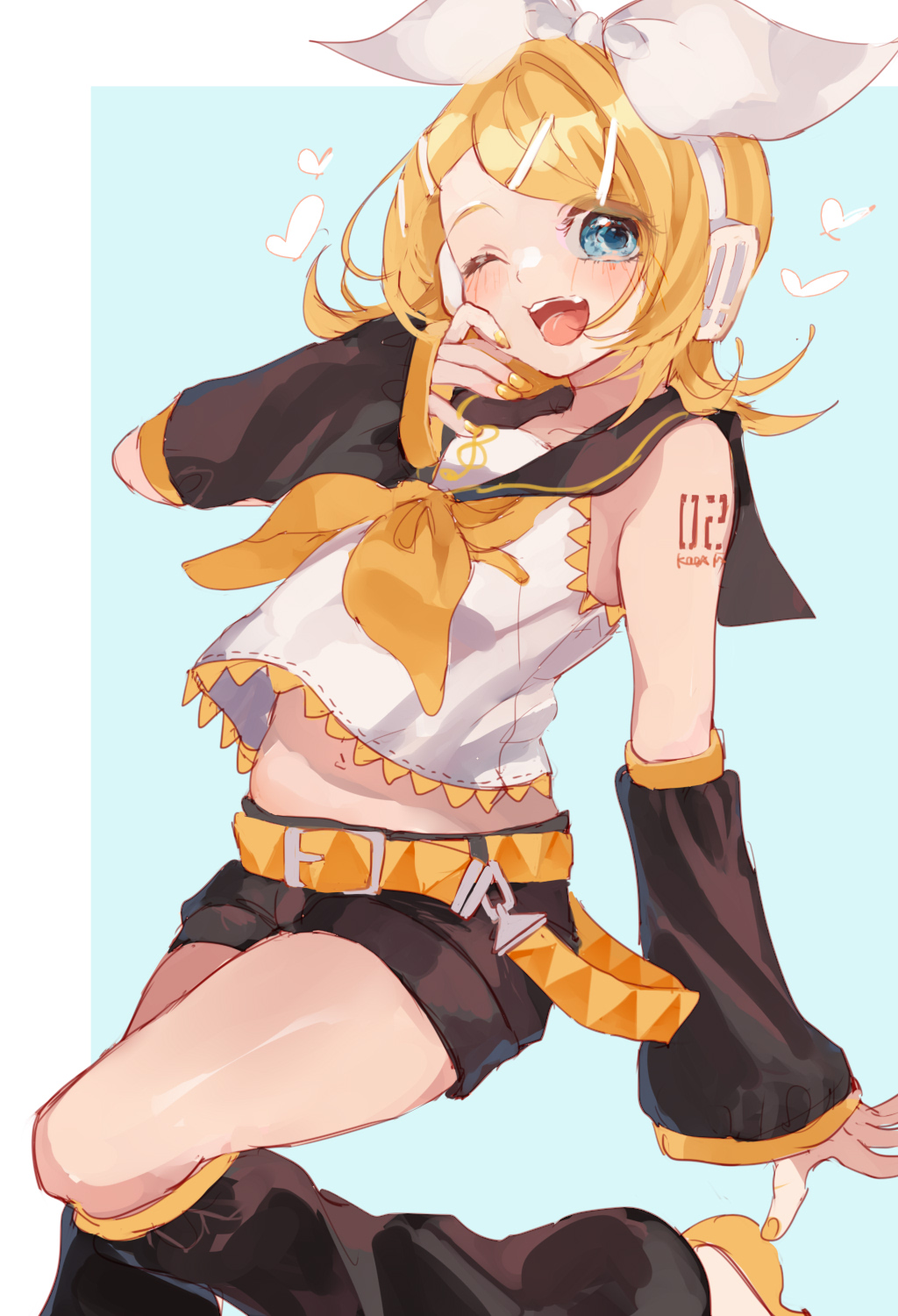 1girl, ;d, belt, black_leg_warmers, black_sailor_collar, black_shorts, black_sleeves, blonde_hair