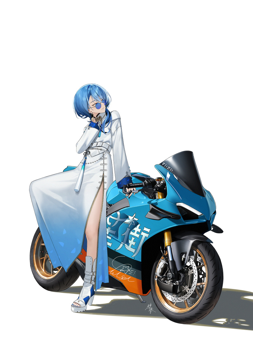 absurdres, asymmetrical_bangs, belt, belt_boots, blue-tinted_eyewear, blue_eyes, blue_hair, blue_nails