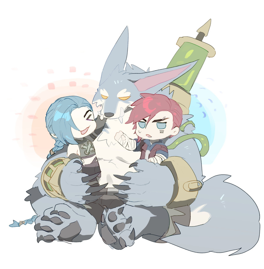 1boy, 2girls, arcane:_league_of_legends, arcane_jinx, arcane_vi, asymmetrical_hair, bandages, blue_hair