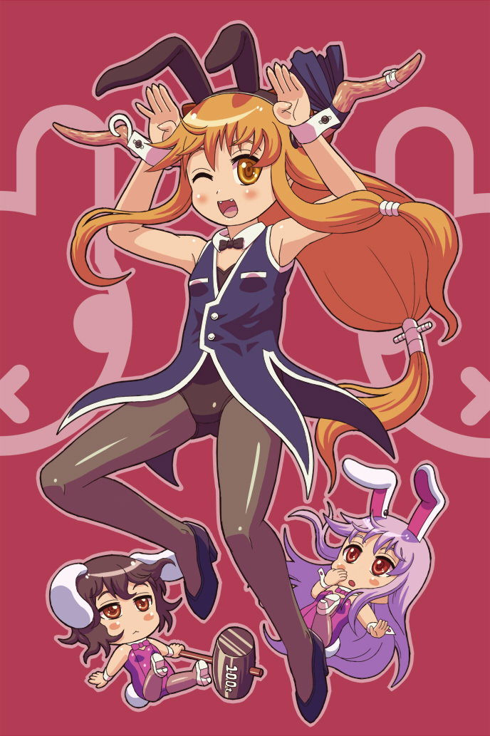 :<, :o, ;d, animal_ears, black_hair, blush, blush_stickers, brown_hair