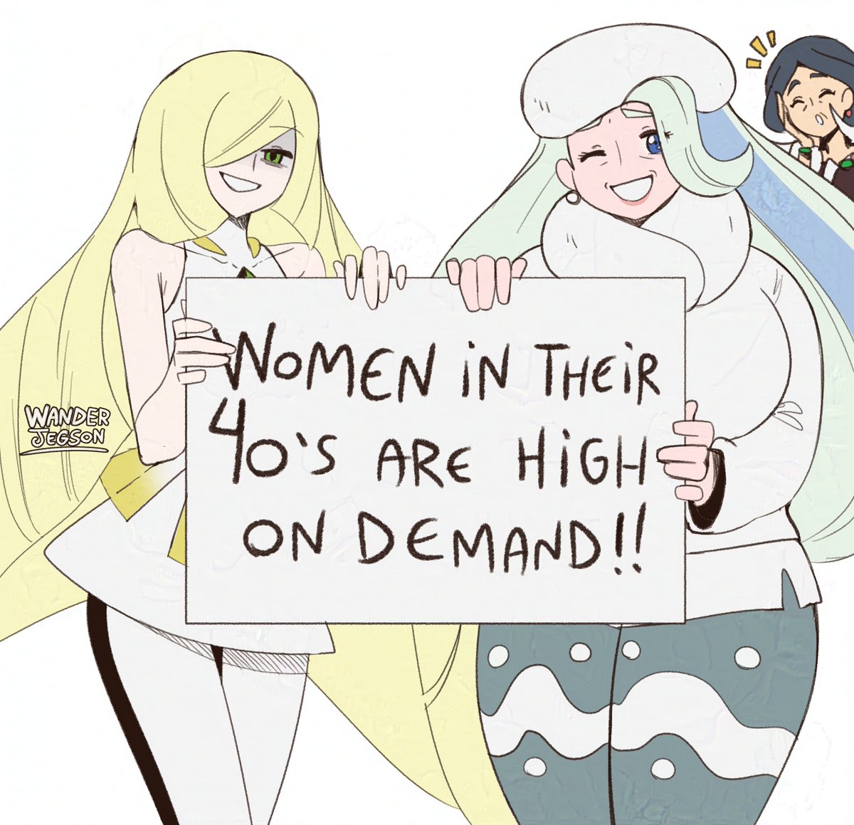 3girls, artist_name, bare_arms, bare_shoulders, black_hair, black_leggings, blue_eyes, blue_pantyhose, breasts, closed_eyes, collar, collarbone, drasna_(pokemon), dress, earrings, english_commentary, english_text, fur_collar, fur_hat, gem, green_eyes, green_gemstone, grin, hair_over_one_eye, half-closed_eyes, hat, holding, holding_sign, jewelry, large_breasts, leggings, long_hair, long_sleeves, lusamine_(pokemon), mature_female, melony_(pokemon), multicolored_hair, multiple_girls, necklace, one_eye_closed, open_mouth, pantyhose, pantyhose_under_shorts, pearl_earrings, pokemon, pokemon_sm, pokemon_swsh, pokemon_xy, raised_eyebrows, shaded_face, short_dress, shorts, side_slit, side_slit_shorts, sign, sleeveless, sleeveless_dress, smile, streaked_hair, sweater, tooth_earrings, tooth_necklace, two-tone_legwear, ushanka, very_long_hair, wanderjegson, white_collar, white_dress, white_leggings, white_sweater, wrinkled_skin