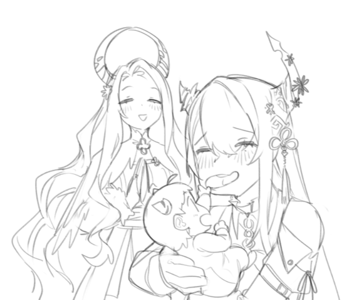 2girls, asymmetrical_horns, aunt, baby, cheek_pull, dasdokter, demon_horns, hands_on_another's_cheeks, hands_on_another's_face, holding_baby, hololive, hololive_english, horns, long_hair, malpha_ravencroft, mole, mole_under_eye, monochrome, multiple_girls, nerissa_ravencroft, siblings, simple_background, sisters, sketch, virtual_youtuber, white_background