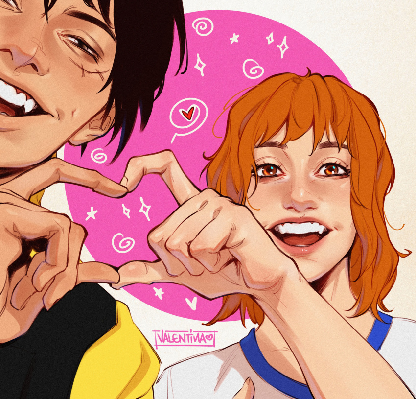 1boy, 1girl, absurdres, artist_name, black_hair, brown_eyes, heart, heart_hands