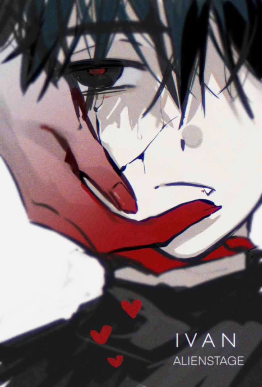 1boy, absurdres, alien_stage, black_hair, black_shirt, chinese_commentary, colored_extremities, commentary, cracked_skin, fang, hand_on_another's_face, head_out_of_frame, heart, highres, ivan_(alien_stage), mandysangshen, portrait, red_hands, red_pupils, shirt, short_hair, simple_background, solo_focus, turtleneck, turtleneck_shirt, very_short_hair, white_background