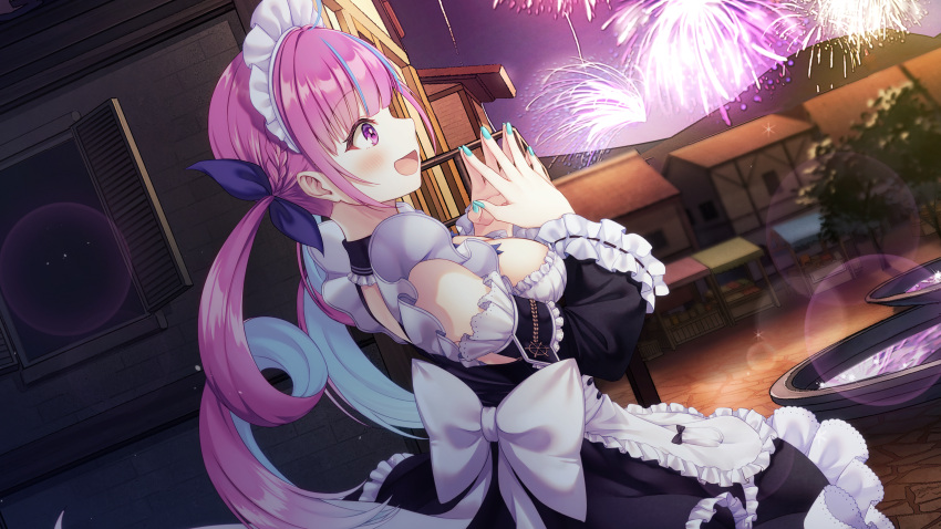 1girl, absurdres, apron, aqua_nails, aquarium_(visual_novel), backless_dress, backless_outfit, balcony