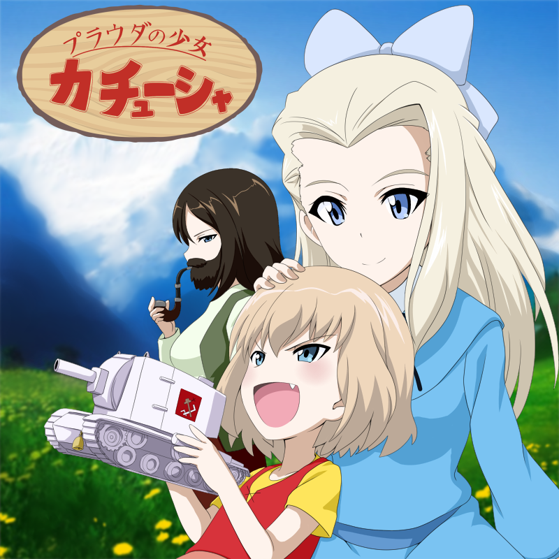 1970s_(style), 3girls, alm-onji, alps_no_shoujo_heidi, apron, beard, bell, blue_bow