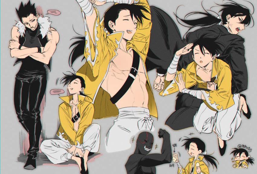 2boys, abs, arms_up, bandaged_arm, bandages, biceps, black_footwear, black_hair