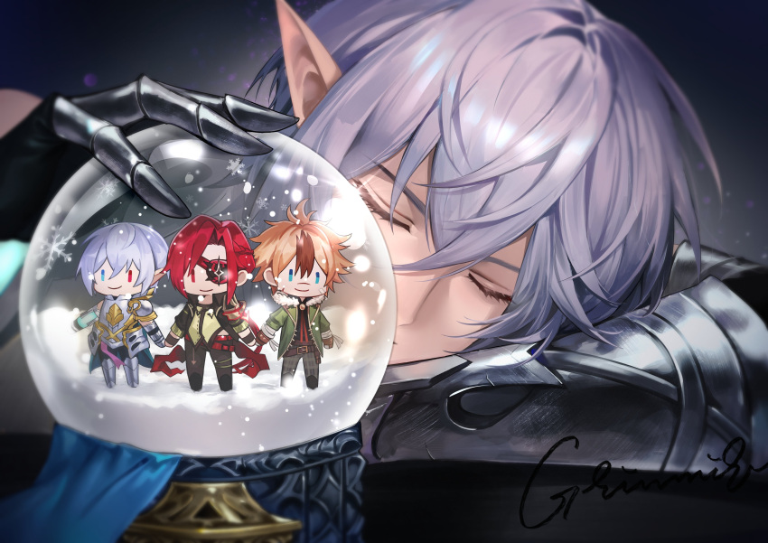 1boy, absurdres, armor, blonde_hair, bow, chibi, closed_eyes, eyepatch