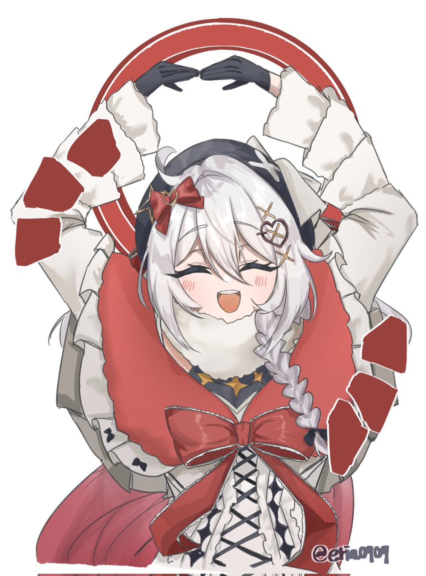 1girl, arms_up, black_gloves, black_hat, blush, bow, braid, capelet, closed_eyes, commentary_request, corrupted_twitter_file, cropped_torso, eria0909, gloves, hair_bow, hair_ornament, hat, heart, heart_hair_ornament, highres, honkai_(series), honkai_impact_3rd, kiana_kaslana, kiana_kaslana_(don_quijote), korean_commentary, long_sleeves, open_mouth, red_bow, red_capelet, smile, solo, twitter_username, white_background, white_hair, x_hair_ornament