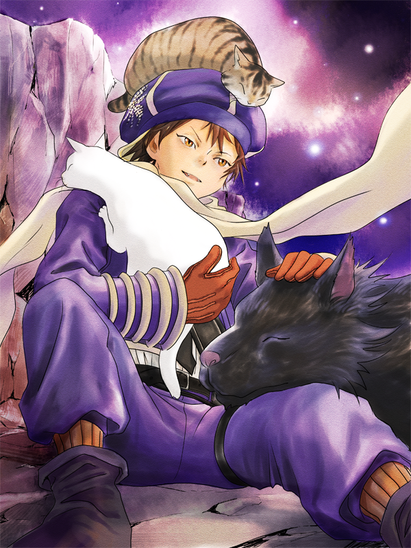 fanart, night_sky, outdoors, pixiv_id_92748, scarf, sitting, star_(sky), tegami_bachi