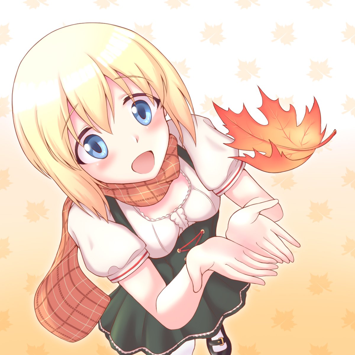 1girl, alternate_costume, autumn_leaves, blonde_hair, blue_eyes, blush, dirndl, erica_hartmann